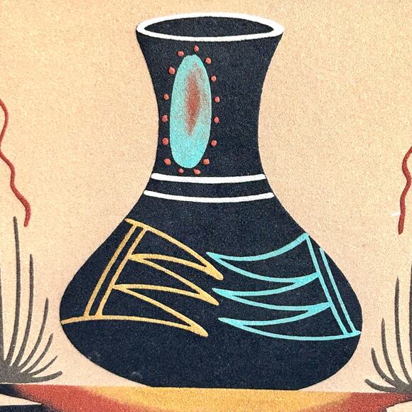 Vintage Navajo Framed Sand Art Painting of Beautiful Pottery - Picture 4 of 16